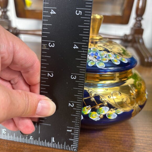 Vintage Cobalt Blue Glass Vanity Jar with Lid Gold Enamel Floral Bohemian Jar - Picture 10 of 14